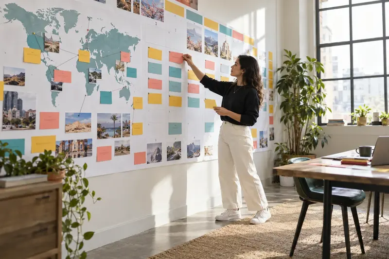Estratega organiza tarjetas de un calendario regional en una sala de planificacion