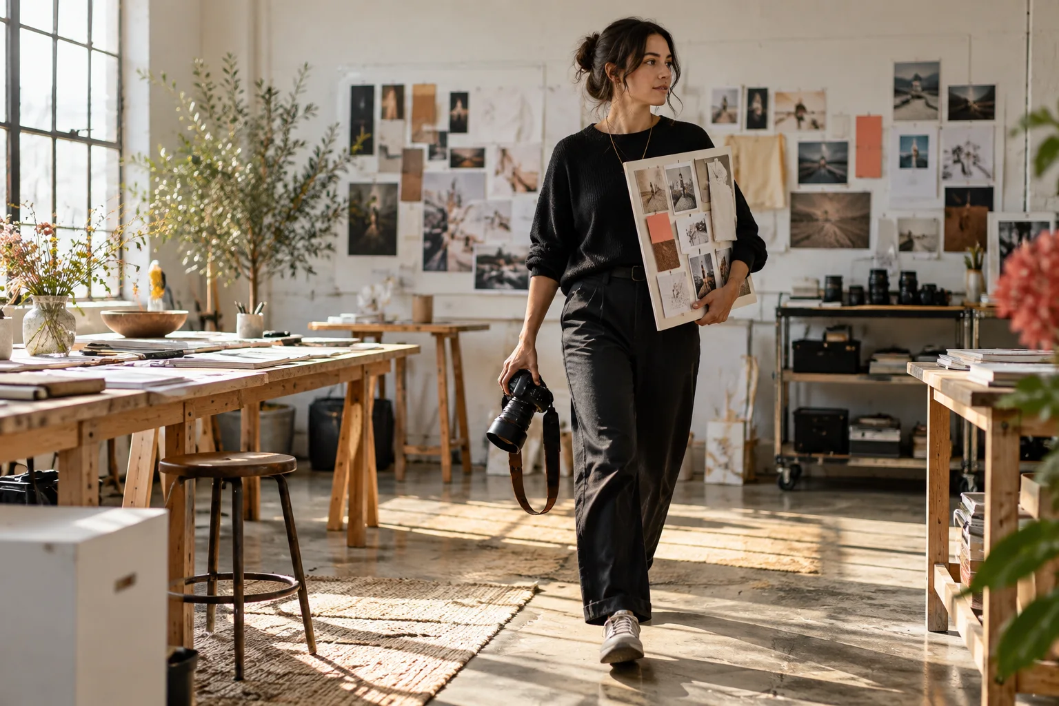 Directora creativa camina por un estudio con referencias visuales y una camara