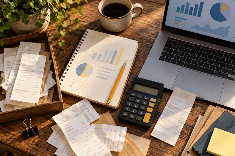 Recibos, libreta, calculadora y laptop componen una mesa de datos de negocio