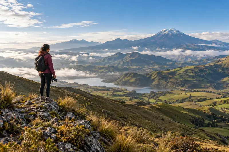 Viajera con mochila contempla un paisaje de los Andes ecuatorianos