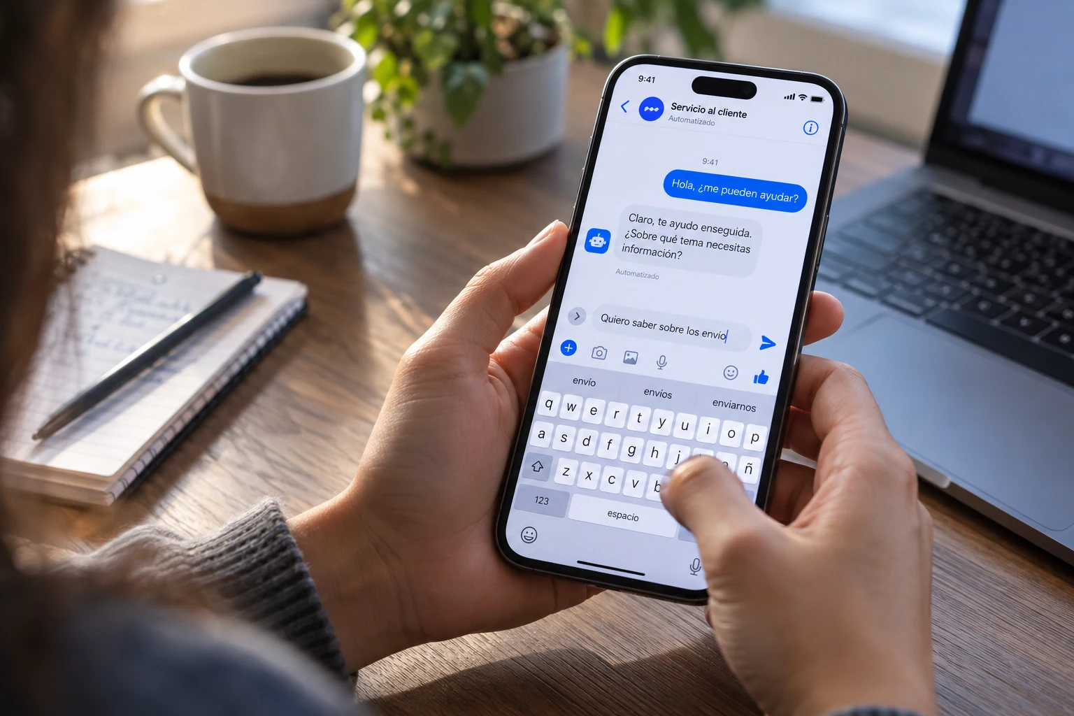 Persona escribe en Messenger mientras un sistema automatizado responde en la conversación