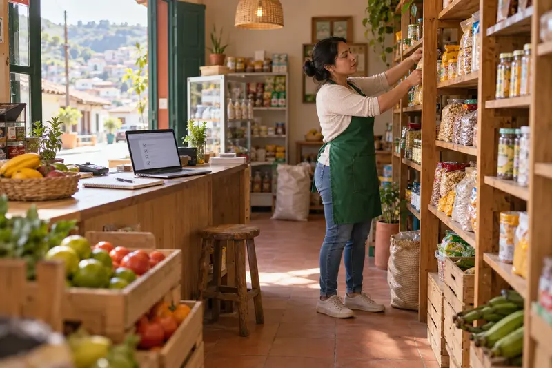 Comerciante organiza productos en su tienda junto a una laptop