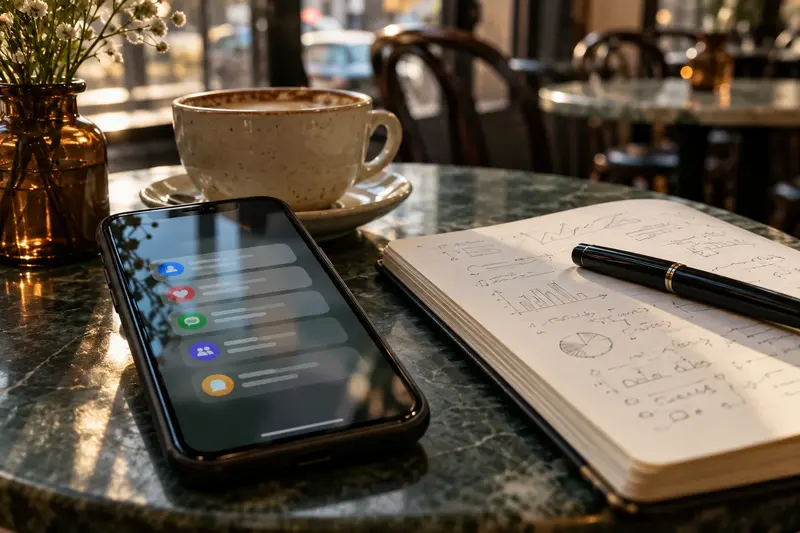 Telefono y libreta registran preguntas de clientes sobre una mesa de cafe