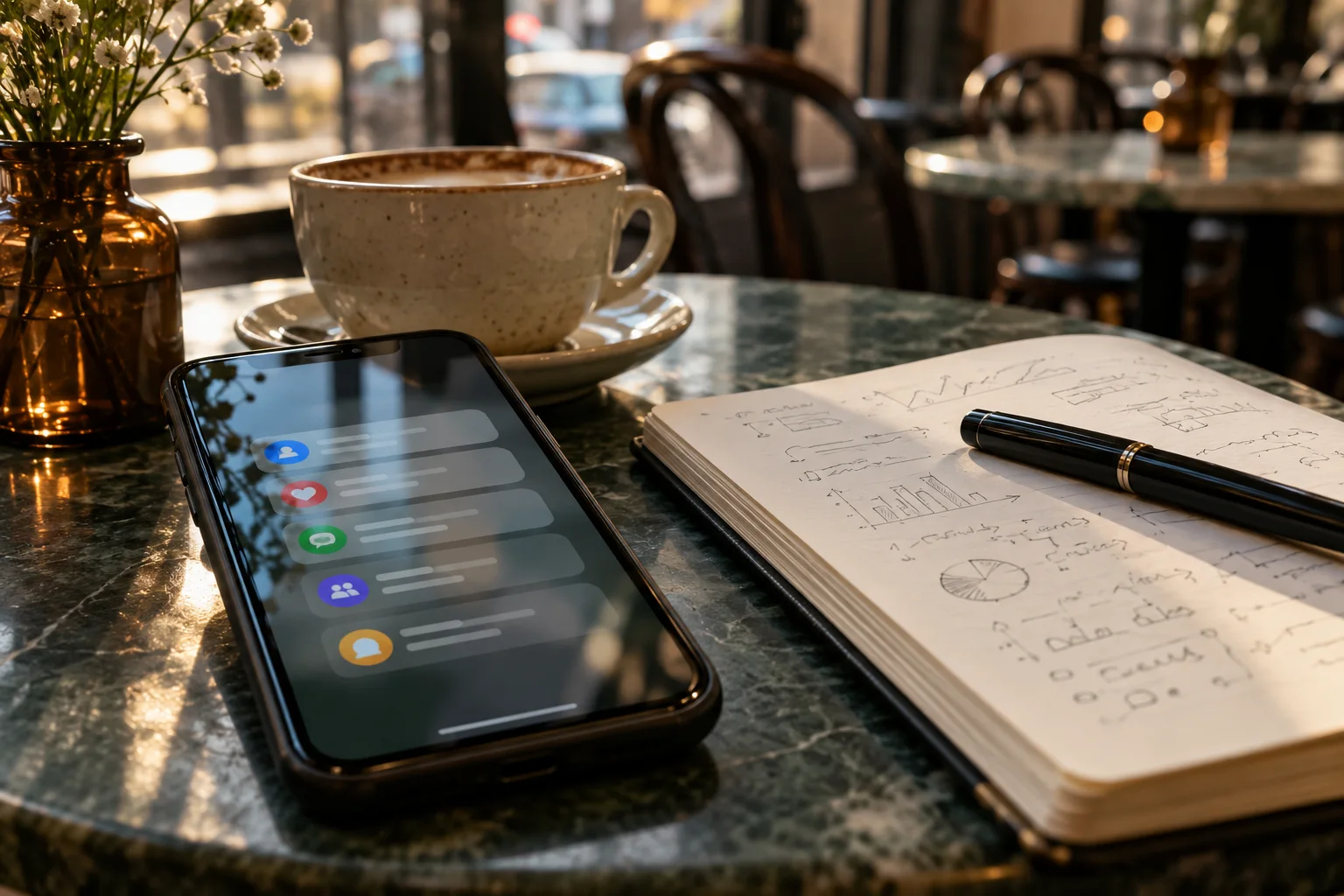 Telefono y libreta registran preguntas de clientes sobre una mesa de cafe
