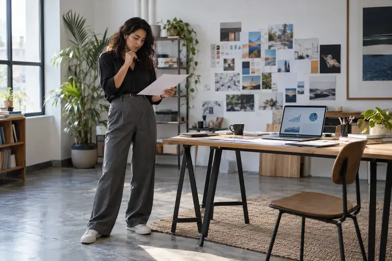 Estratega de marketing revisa un plan junto a una laptop con graficos de campana