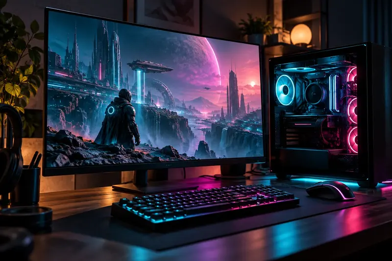 Computadora de escritorio con un videojuego futurista en luces neon cyan y magenta