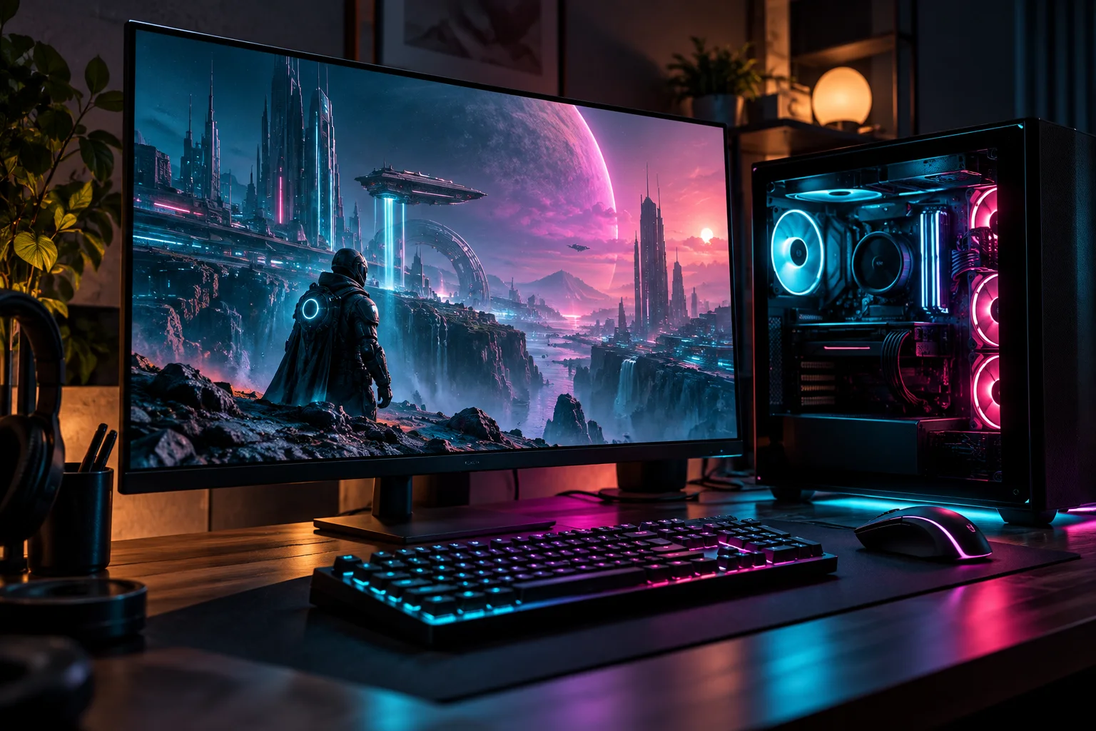 Computadora de escritorio con un videojuego futurista en luces neon cyan y magenta