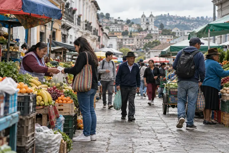 Personas conversan en un mercado urbano ecuatoriano en una escena cotidiana