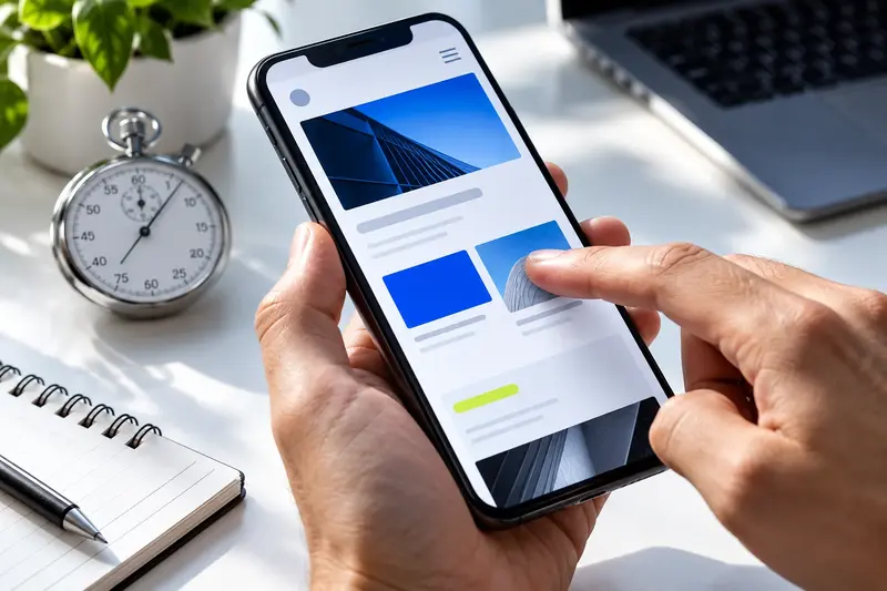 Mano usa un telefono con una interfaz web abstracta sobre un escritorio