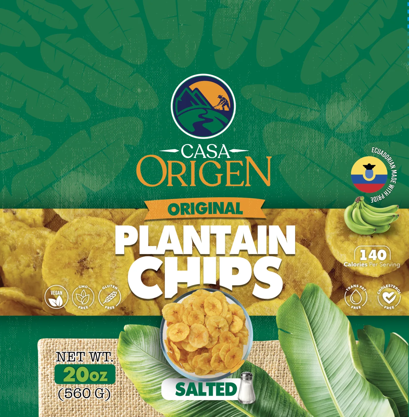 Diseño frontal del empaque de platanitos Casa Origen