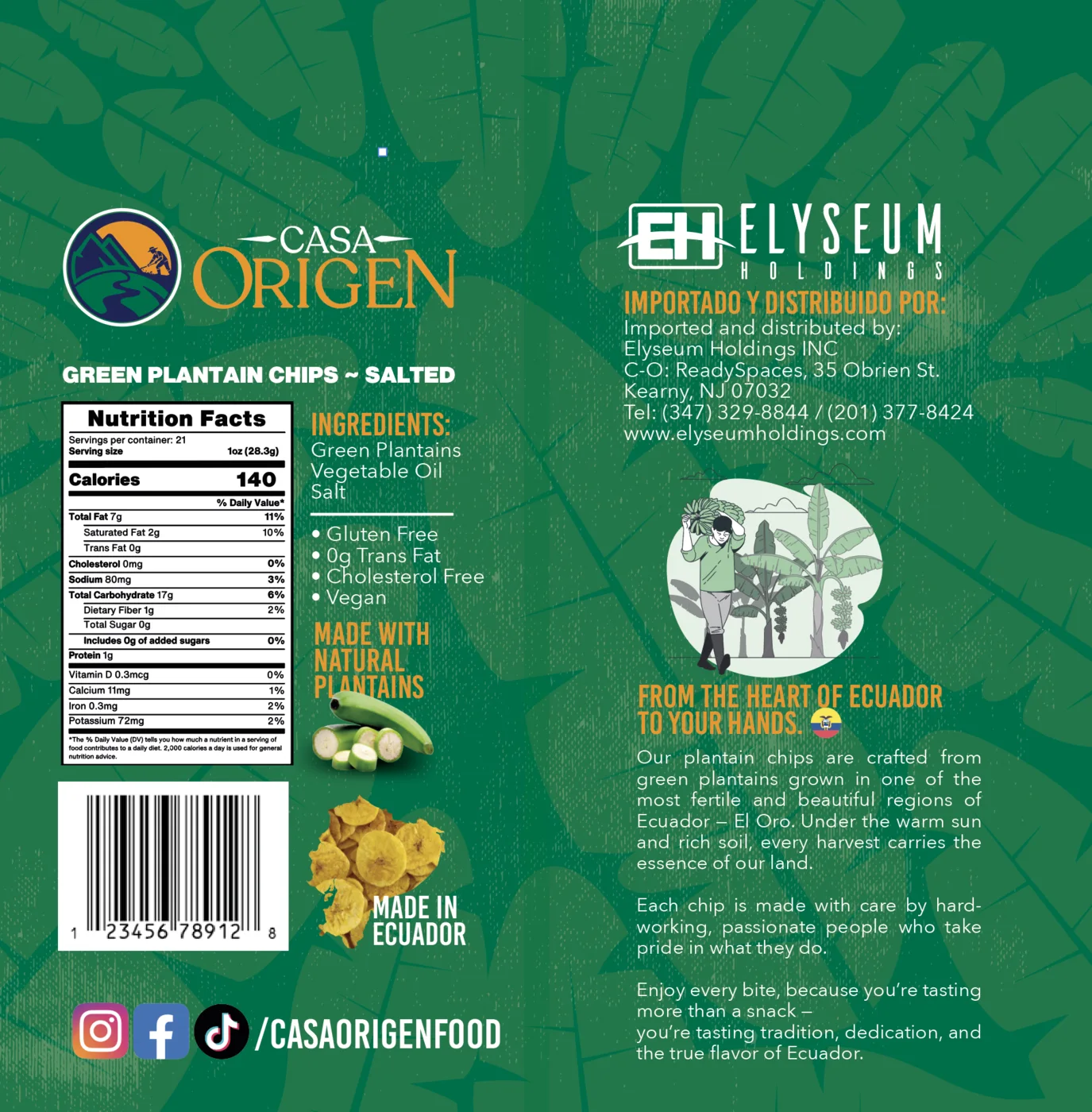 Diseño posterior del empaque de platanitos Casa Origen