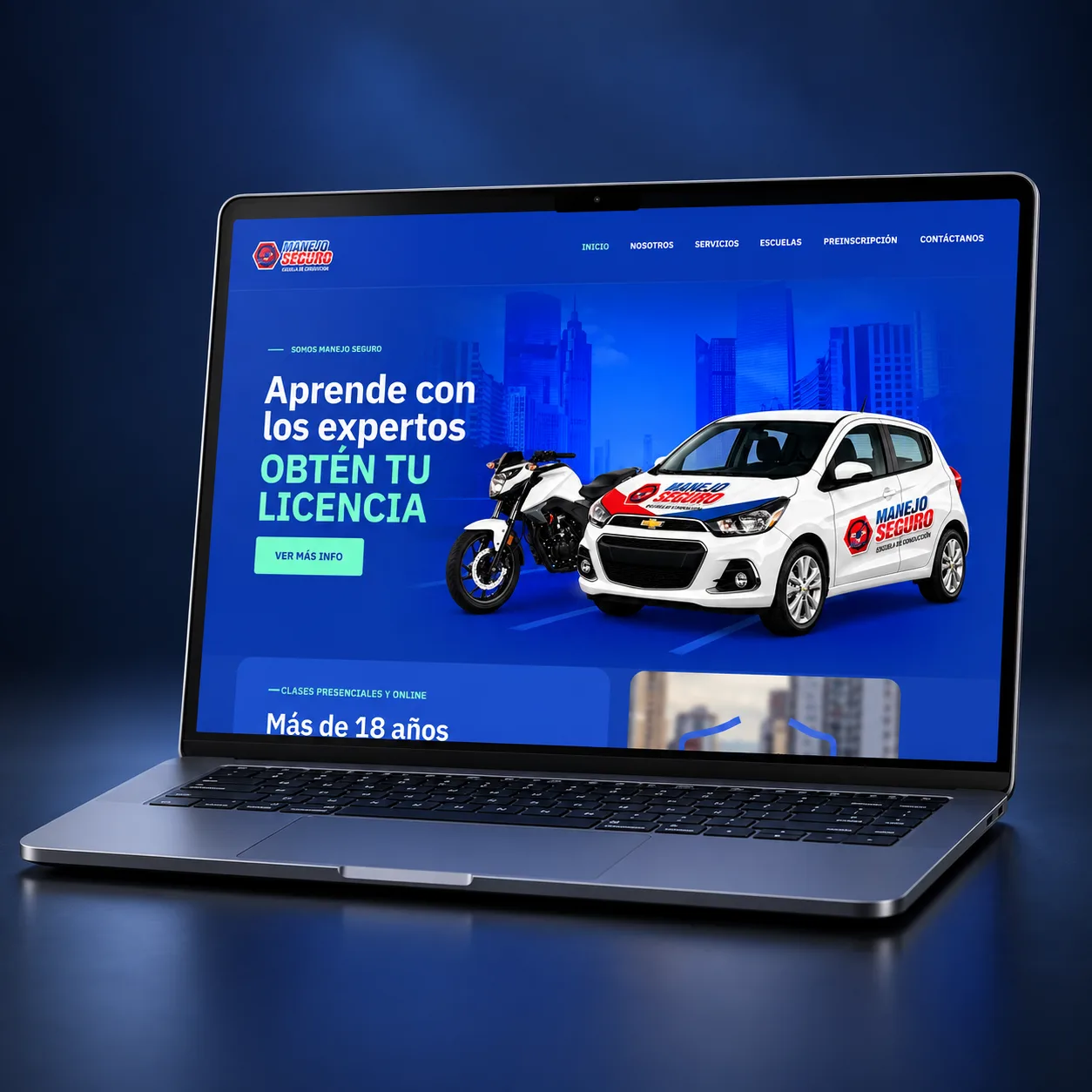 Sitio web de Manejo Seguro presentado en una laptop