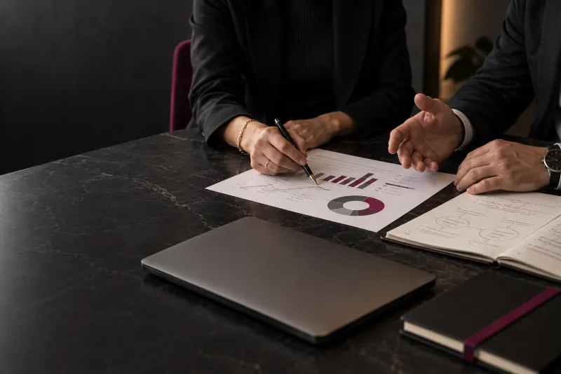 Manos revisando gráficos y notas durante una sesión de consultoría