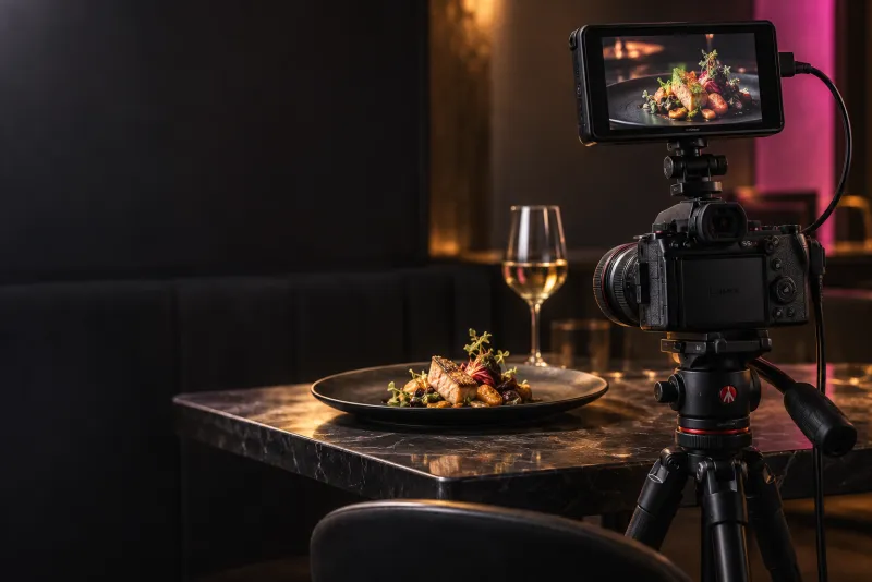 Cámara profesional grabando una producción gastronómica