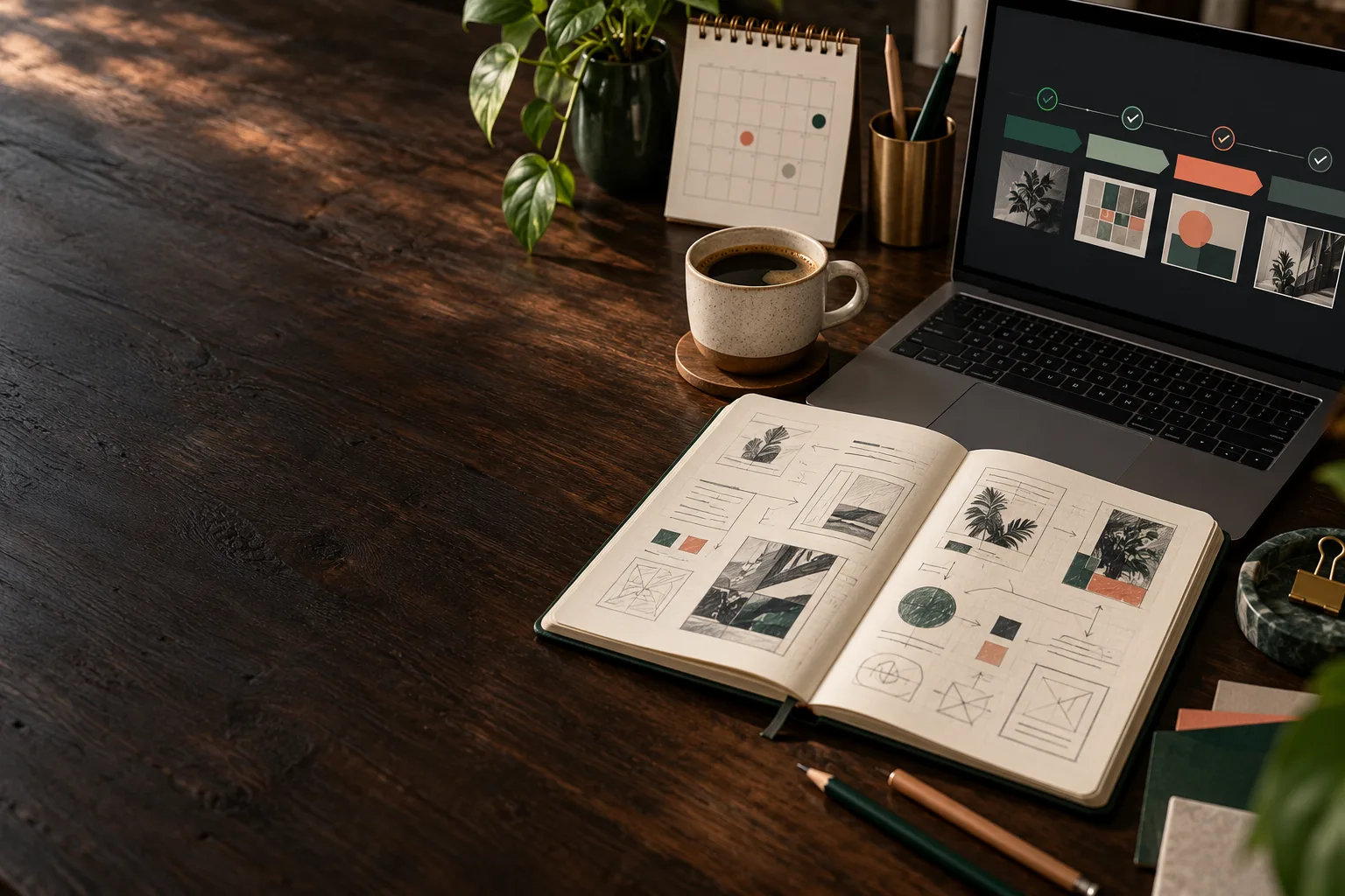 Cuaderno con bocetos, café, calendario y cronograma de proyectos en una mesa de estrategia